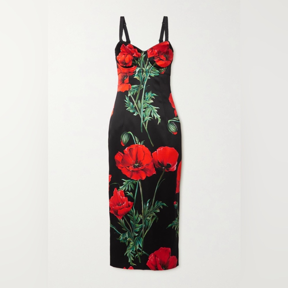 Dolce & Gabbana Black Maxi Dress with Red Floral Print